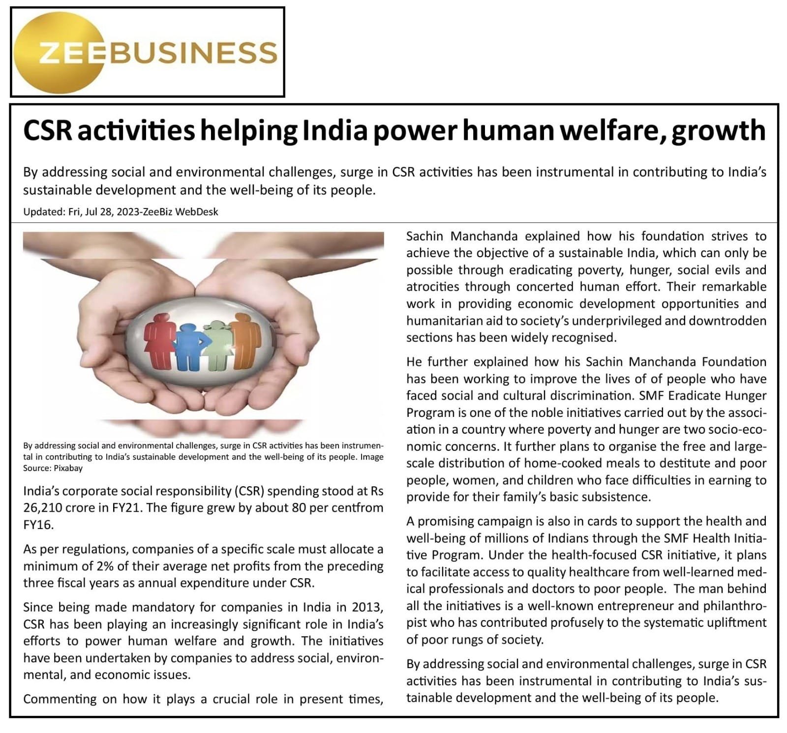 Csr Program Humam CSR activities helping India power human welfare, growth - Sachin ...